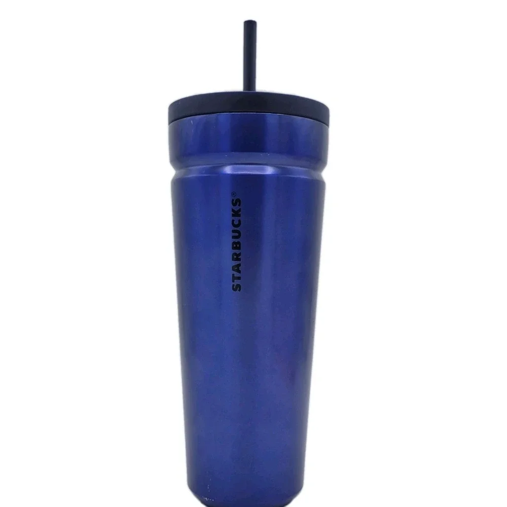 Starbucks Tumbler Cup Metallic Blue Stainless Steel Twist Lid Straw 24oz Venti